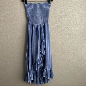 Blue Island Blue White Striped Boho Smocked Strapless Beachy Ruffled Dress